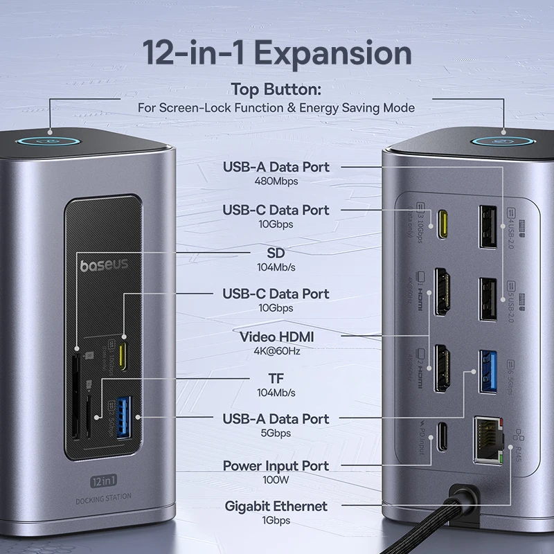 Baseus 12-in-1 USB C HUB to HDMI 4K@60Hz Dual Display USB 3.2 Adapter with RJ45 SD TF PD 100W Docking Station for Window Mac Hub - Image 4