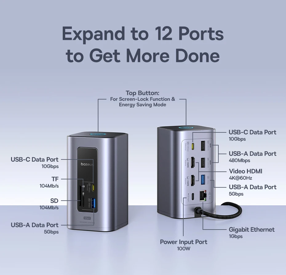 Baseus 12-in-1 USB C HUB to HDMI 4K@60Hz Dual Display USB 3.2 Adapter with RJ45 SD TF PD 100W Docking Station for Window Mac Hub - Image 14