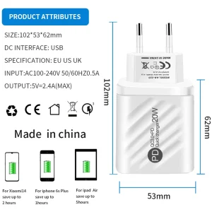 Alternative view of USB Charger 20W Fast Charging Mobile Phone Adapter For iPhone 14 Samsung Xiaomi Huawei Quick Charge 3.0 Wall USB Charger Adapter