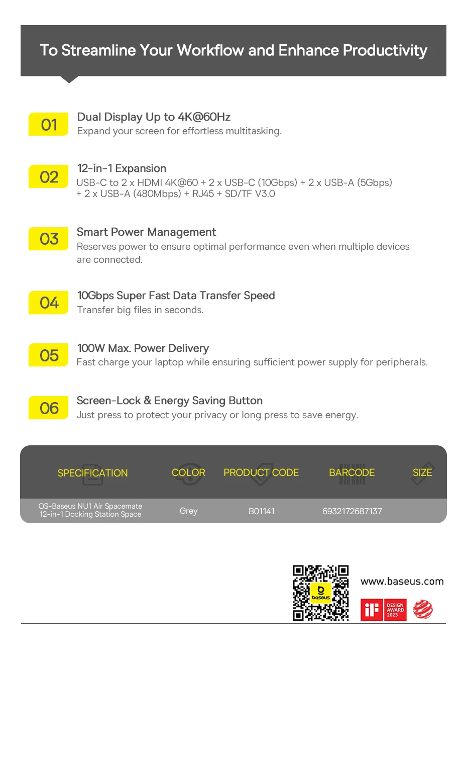 Baseus 12-in-1 USB C HUB to HDMI 4K@60Hz Dual Display USB 3.2 Adapter with RJ45 SD TF PD 100W Docking Station for Window Mac Hub - Image 28