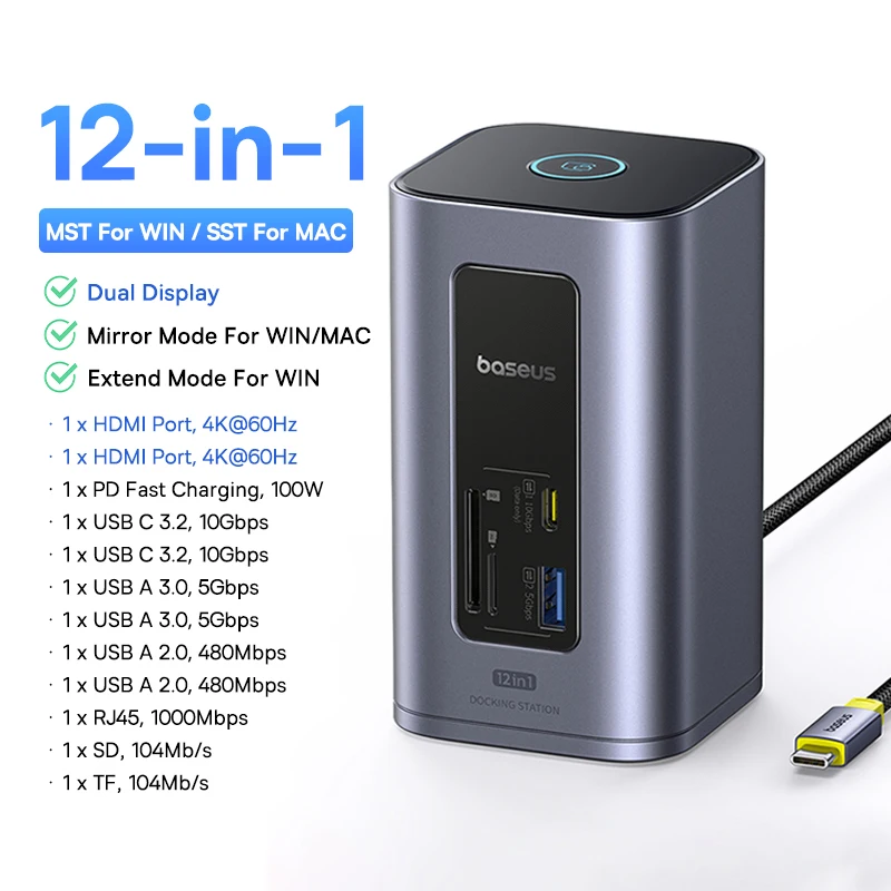 Baseus 12-in-1 USB C HUB to HDMI 4K@60Hz Dual Display USB 3.2 Adapter with RJ45 SD TF PD 100W Docking Station for Window Mac Hub - Image 7
